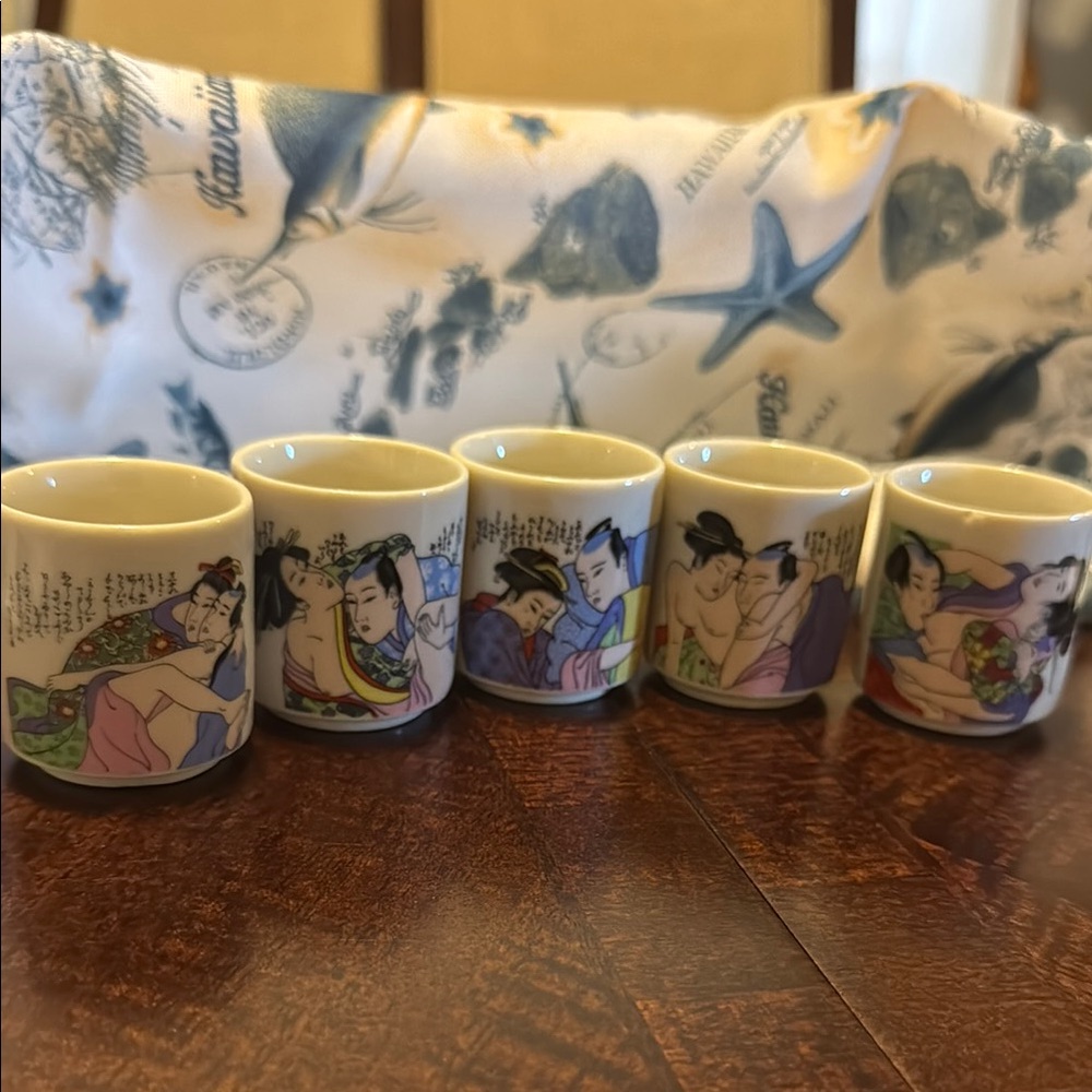 Set of 5 Japanese Art Ceramic Cups